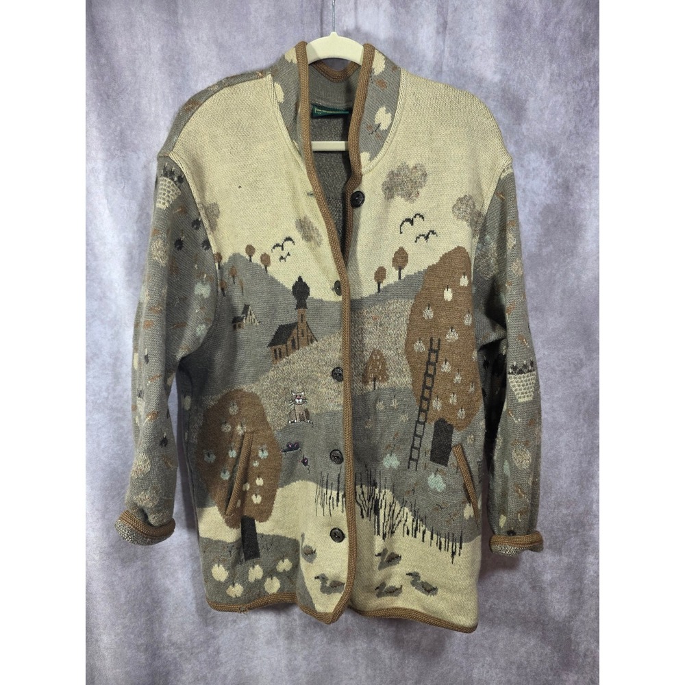 Geiger Austria Boiled Wool Landscape Cardigan Jacket Cat Duck Apple Size 44